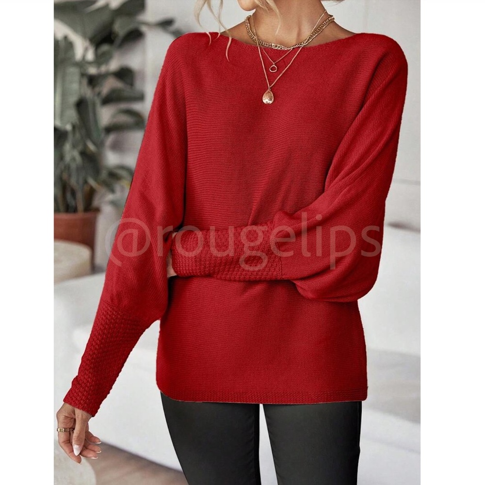 Red Boat Neck Light Knit Sweater Batwing Sleeve Loose Fit, Stretchy - Picture 6 of 8